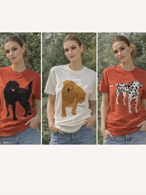 Vintage Artist Jackson Signed Cotton Dog Print T Shirts Red Cream Youth Large